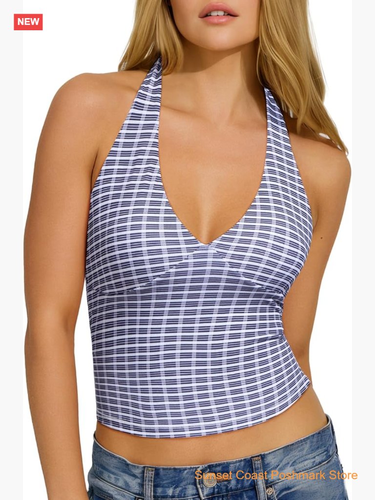 Sexy Halter V Neck Going Out Crop Top Double Lined Sleeveless Y2k Tank